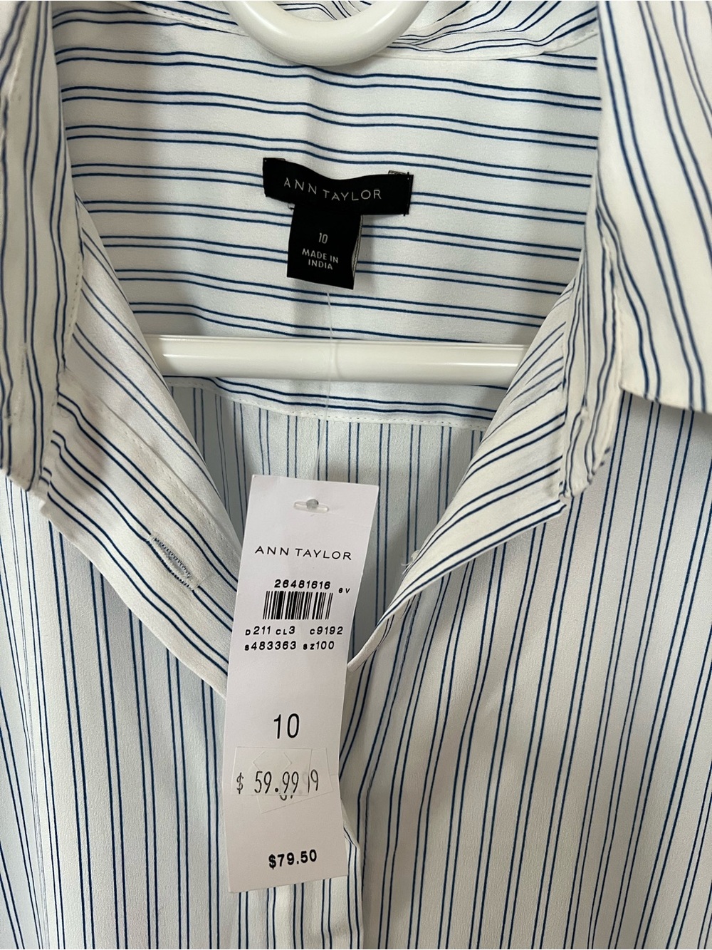Ann Taylor White Shirt with Navy Pinstripes - Button-Down